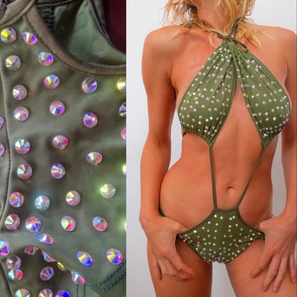 Custom Sabrina Carpenter Taytay style cut out rhinestone gilded glam one piece S - Picture 1 of 10